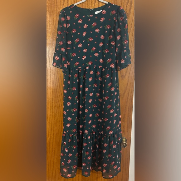 LOFT Dark Green Midi Dress with Pink Floral Pattern - Picture 1 of 1